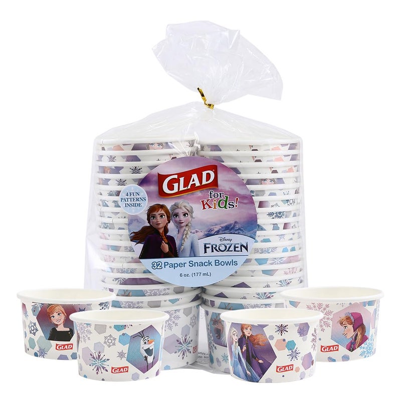 Glad for Kids Disney Frozen Disposable Paper Snack Bowls, Lids Not Included, Anna and Elsa - Heavy Duty, Microwavable, Disposable Snack Cups for Soup or Ice Cream, 6 Ounce, 32 Count - Image 1